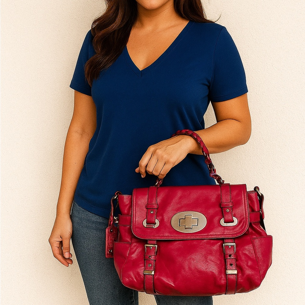 Elegance in Bloom: Badgley Mischka Hot Pink Leather Satchel with Silver Accents